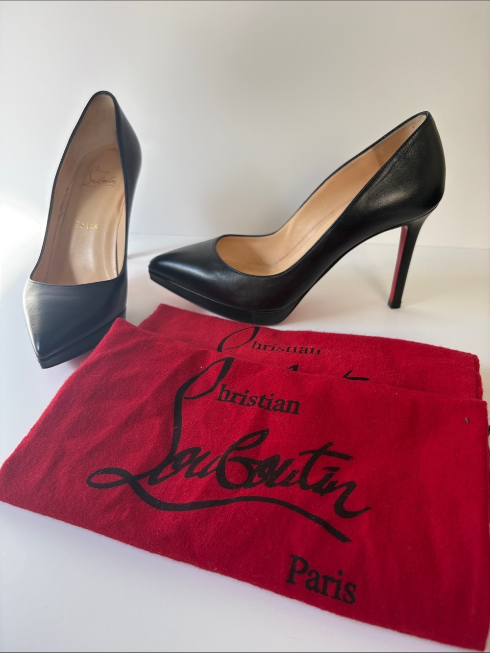 Christian Louboutin Black Leather Pointed-Toe Stiletto Pumps with Red Sole